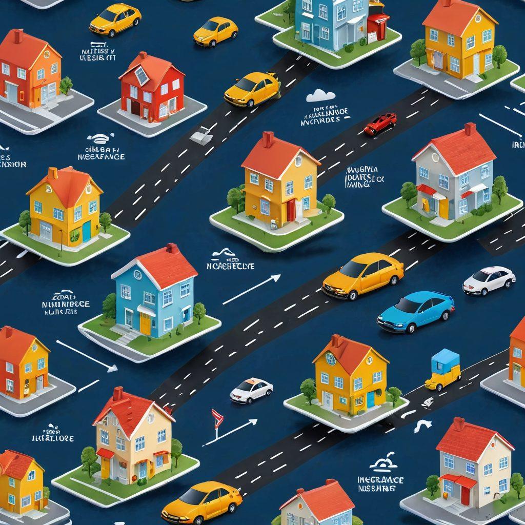 An intricately designed roadmap featuring various insurance policy icons, such as house, car, and health symbols, intertwined with famous quotes about safety and security. The background includes a vibrant cityscape illustrating stability and assurance, with a bright sun rising in the horizon symbolizing hope. The entire image exudes clarity and guidance, enhancing the theme of navigating insurance effectively. super-realistic. vibrant colors. 3D.