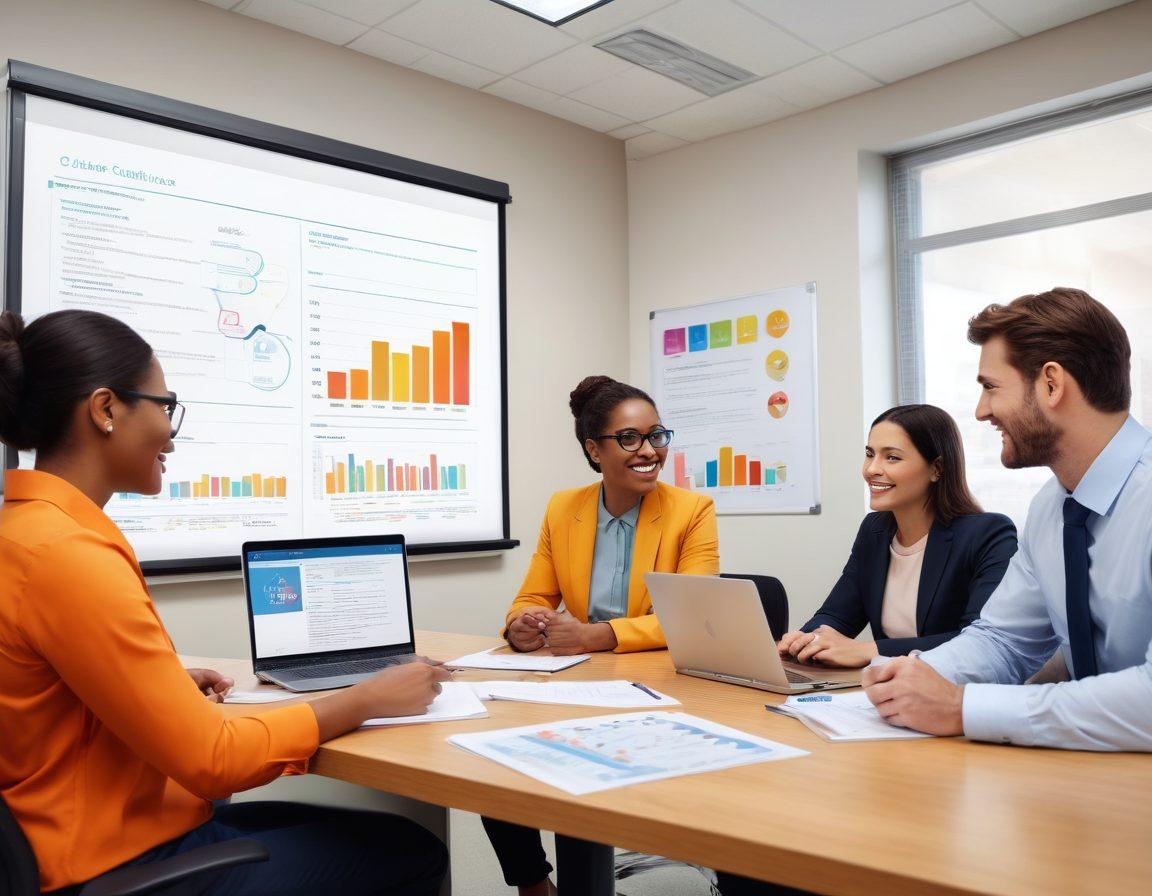 A diverse group of people in a bright, welcoming office environment discussing insurance documents with laptops and smartphones. Include a helpful insurance agent explaining concepts on a whiteboard with charts and graphs. The background features framed certificates and multiple reference books on a shelf, symbolizing expertise. Incorporate soft, warm colors to evoke trust and understanding. super-realistic. vibrant colors.